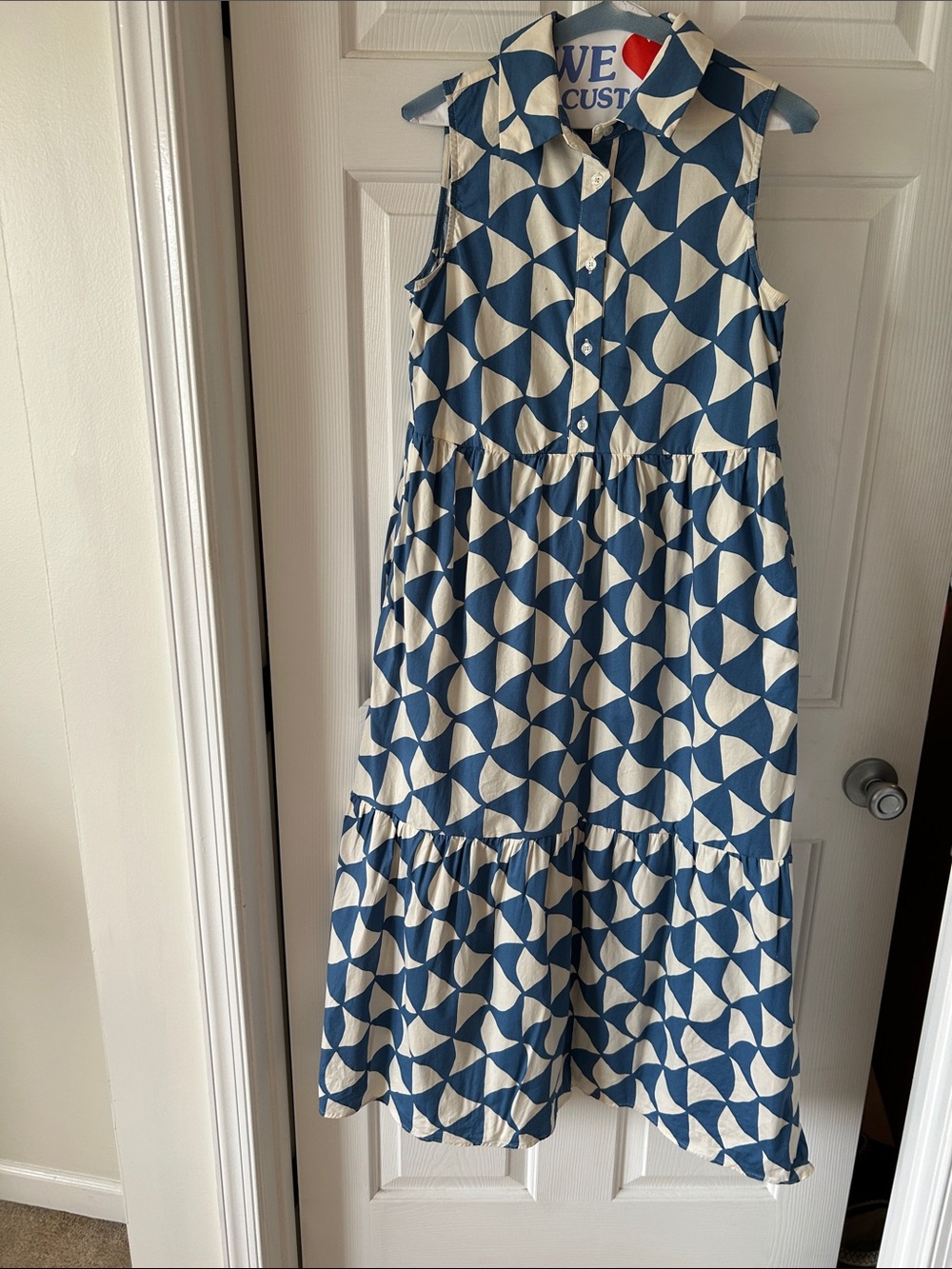 Rachel Zoe Blue and White Geometric Sleeveless Tiered Dress